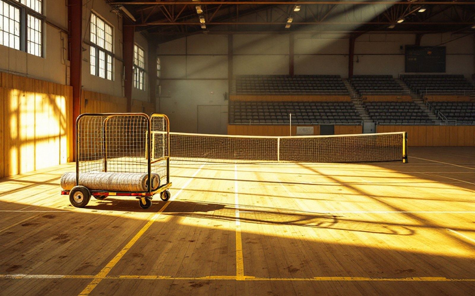 A ball cart and rolled net in an equipment store room