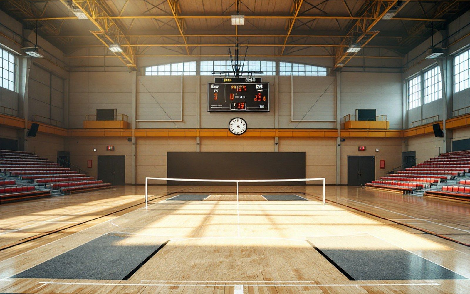 A scoreboard and clock above an empty indoor court