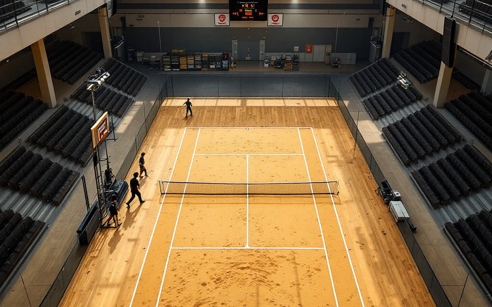 An indoor court from directly above showing player positions