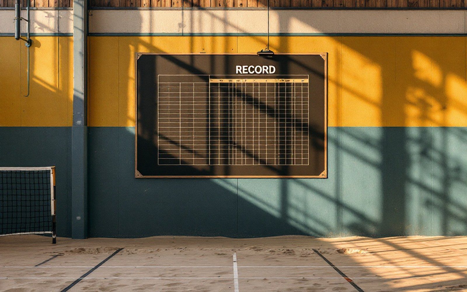 A printed record board on a sports hall wall