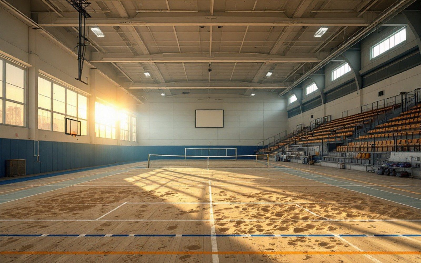 A club arena interior with sponsor-free walls and banked seats