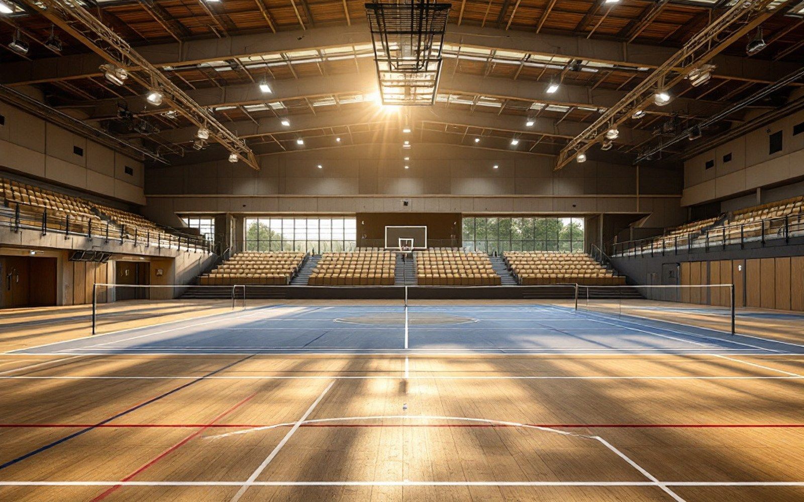A university sports hall with retractable seating extended