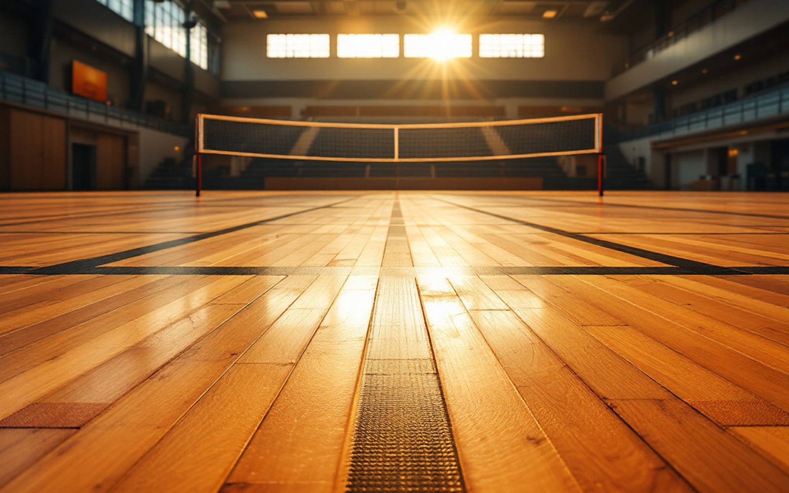 Court line markings photographed close on a wooden floor