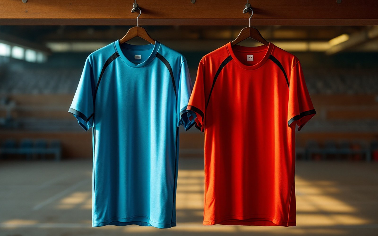 Two contrasting team shirts hanging in a changing room