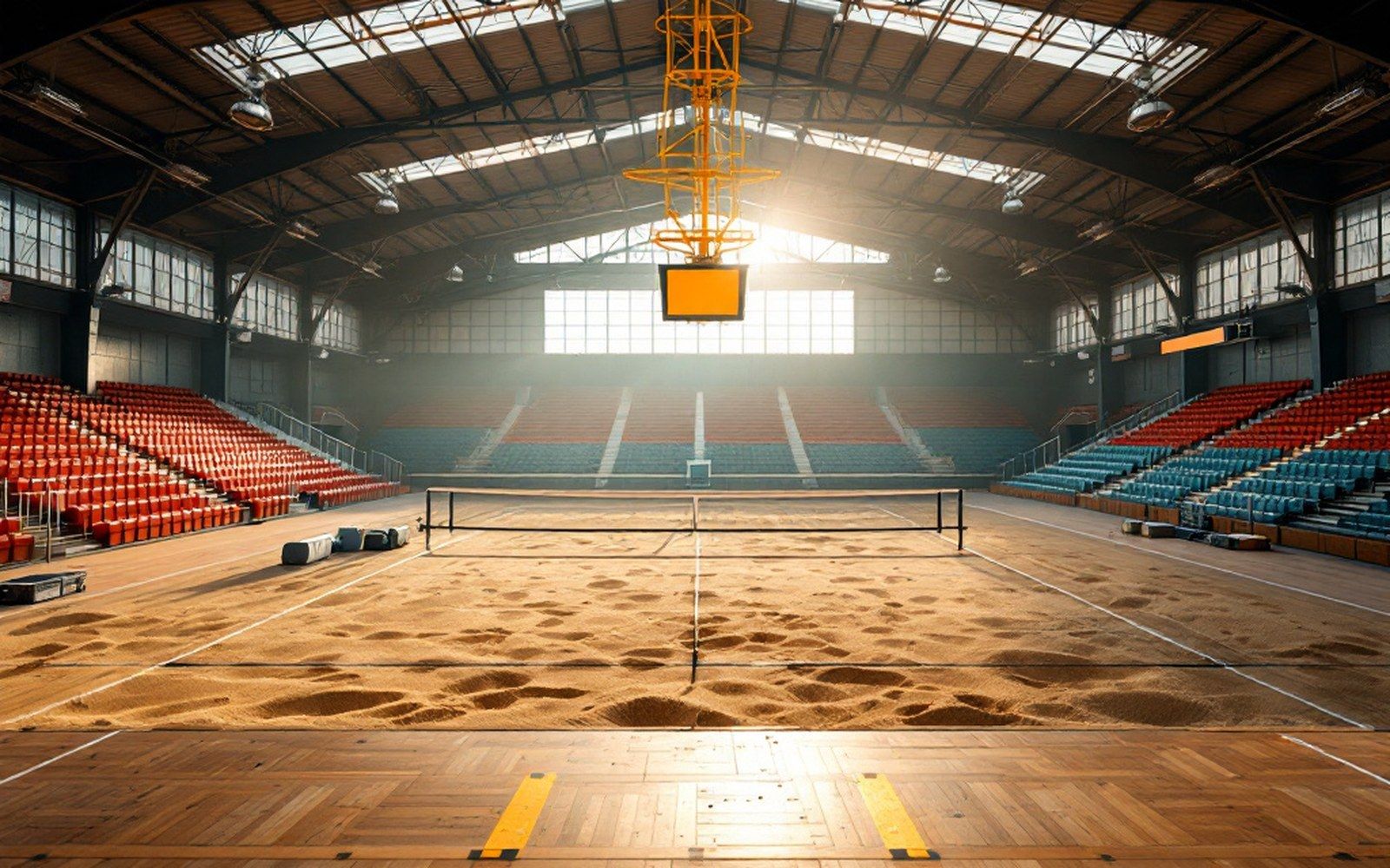 A referee's stand seen from behind above the net