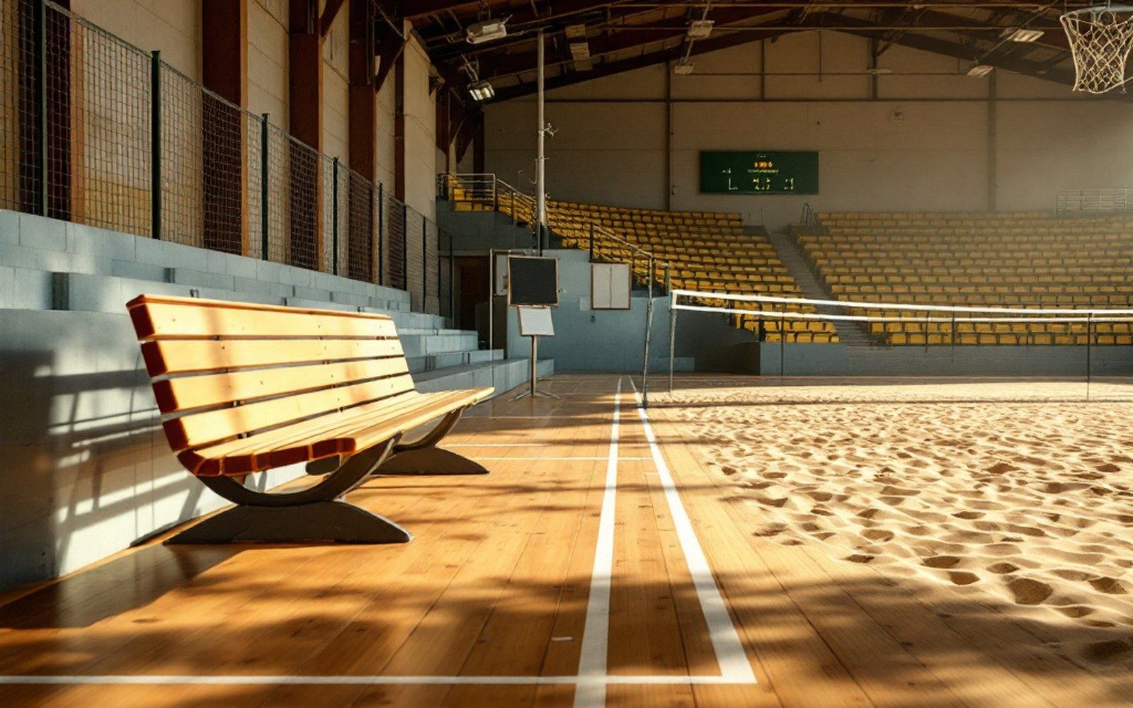 An empty bench and substitution board beside a court